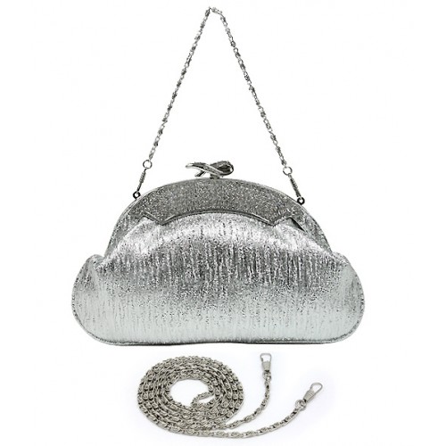 Evening Bag - Shimmer Crescent Shape W/Rhinestone Accent Frame - Silver
